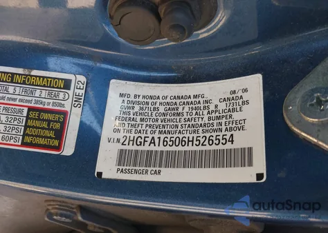 2006 Honda Civic Lx from USA, damaged, VIN 2HGFA16506H526554